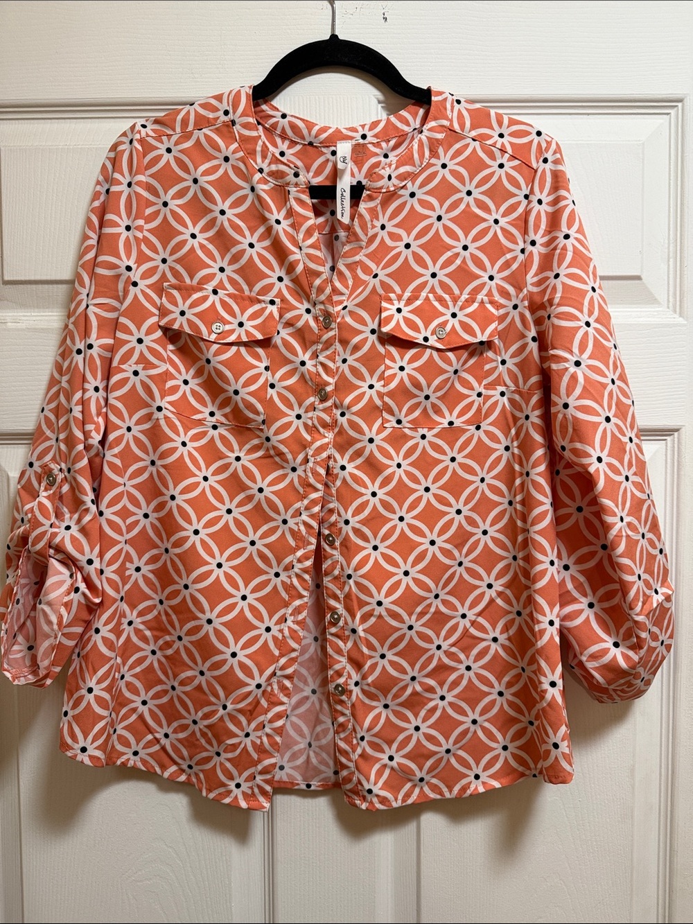 NY Collection Orange Geometric Button-Front Shirt